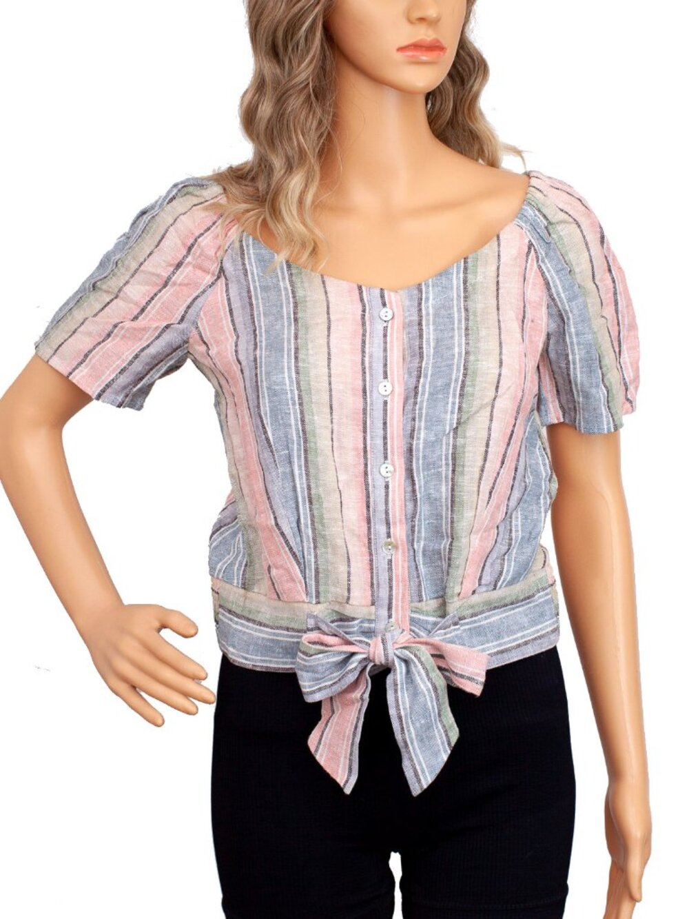 Drew NWT Tie Front Linen Crop Top XS Pastel Stripe Boho Cottagecore Beach Summer